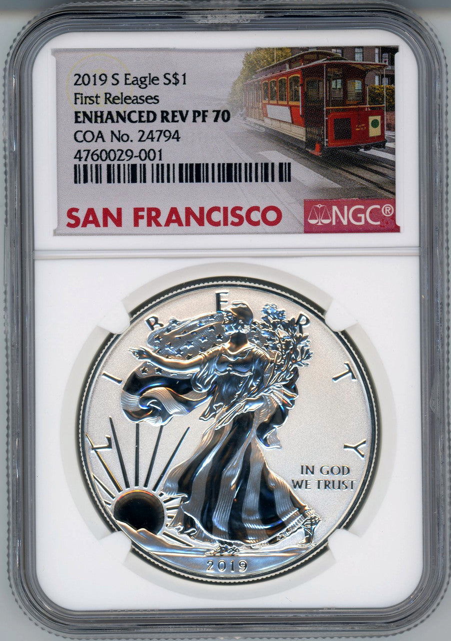 2019-S Enhanced Reverse Proof Silver Eagle Trolly Label First Releases NGC PF70 W/COA
