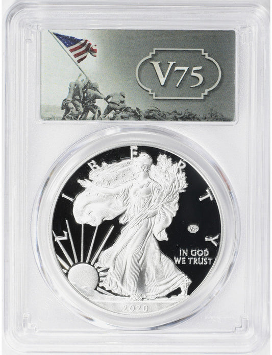 2020-W American Silver Eagle v75 WWII PCGS First Day of Issue PR70DCAM