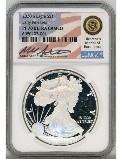 2020-S $1 Proof Silver Eagle NGC PF70 Ultra Cameo Miles Standish Signed