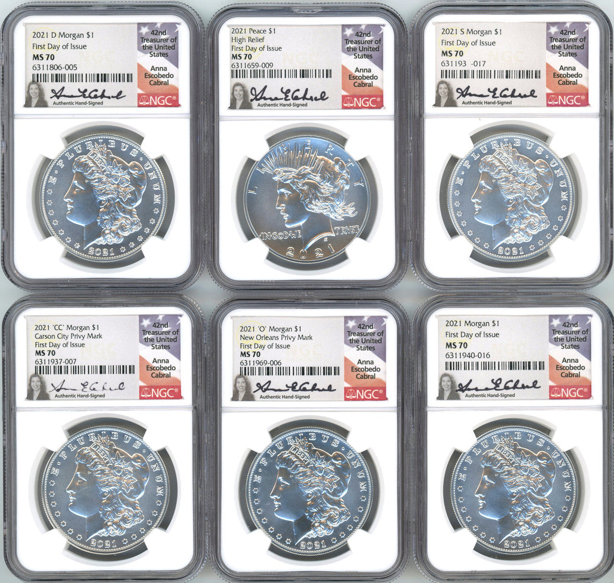 2021 Morgan Peace Dollar 6-pc Complete Set FDOI NGC MS70 Anna Cabral
