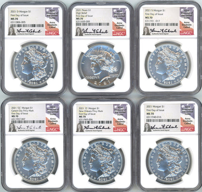 2021 Morgan Peace Dollar 6-pc Complete Set FDOI NGC MS70 Anna Cabral