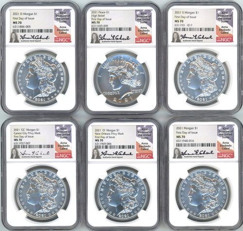 2021 Morgan Peace Dollar 6-pc Complete Set FDOI NGC MS70 Anna Cabral