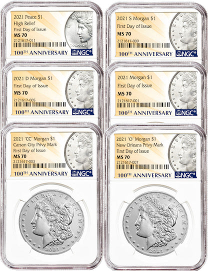 2021 Morgan Peace Dollar First Day of Issue NGC MS70 6-pc Complete Set 100th Anniversary