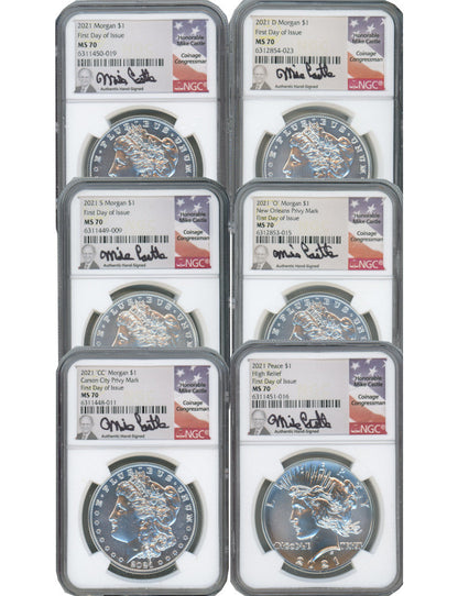 2021 Morgan Peace Dollar First Day of Issue NGC MS70 6-pc Complete Set 100th Anniversary Castle Signed