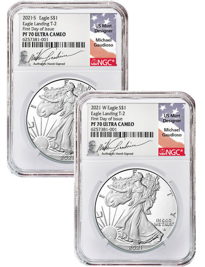 2021-S 2021-W Type 2 Silver Eagle 2-Coin Set NGC PF70UCAM Michael Gaudioso Signed