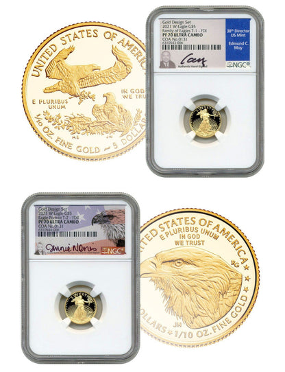 2021-W $5 Gold Eagle 2-Coin set T1 & T2 NGC PF70 Signed Moy Norris w/COA