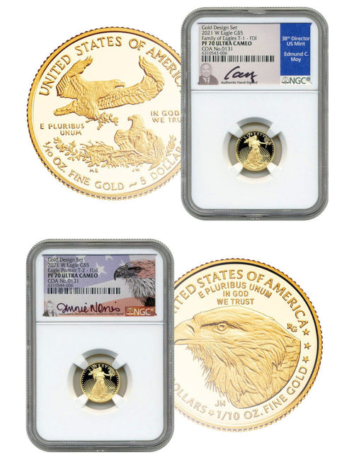 2021-W $5 Gold Eagle 2-Coin set T1 & T2 NGC PF70 Signed Moy Norris w/COA
