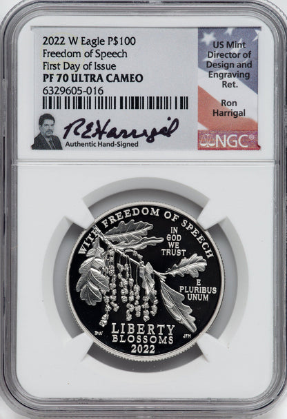 2022-W $100 One-Ounce Platinum Eagle Freedom of Speech FDI NGC PF70 Ron Harrigal Signed