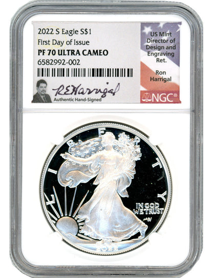 2022 S American Silver Eagle First Day of Issue NGC PF70UCAM Ron Harrigal Signed