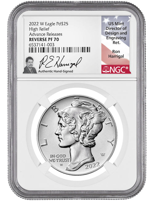 2022-W Palladium Reverse Proof Advanced Releases NGC PF70 Ron Harrigal Signed