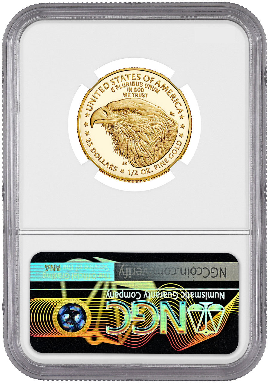 2023-W $25 Half Ounce Gold Eagle FDI NGC PF70 Ultra Cameo Ron Harrigal Signed
