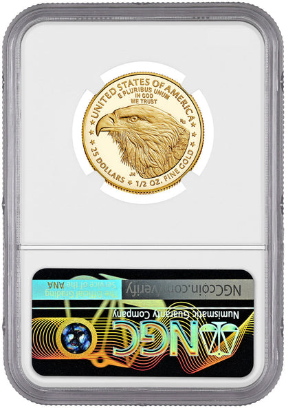2023-W $25 Half Ounce Gold Eagle FDI NGC PF70 Ultra Cameo Ron Harrigal Signed
