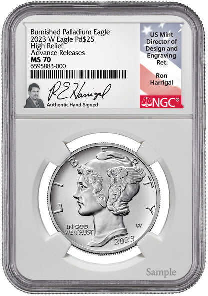 2023-W Palladium Burnished Eagle High Relief Advanced Releases  NGC MS70 Ron Harrigal Signed