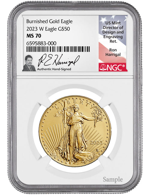2023 W Burnished Gold Eagle NGC MS70 Harrigal Signed