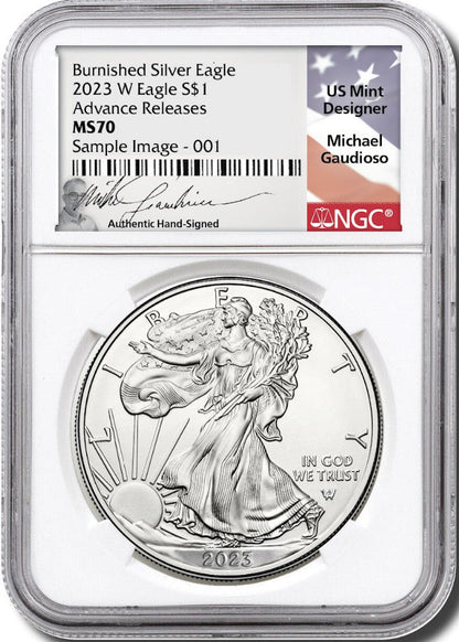 2023 W Burnished Silver Eagle Advanced Releases NGC MS70 Gaudioso Signed