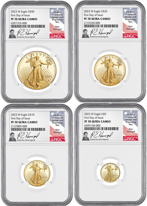 2023-W Gold Eagle 4-Coin Set FDI NGC PF70 Ultra Cameo Ron Harrigal Signed