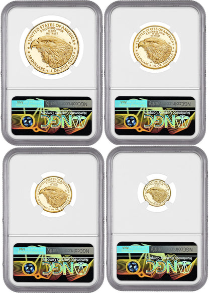 2023-W Gold Eagle 4-Coin Set FDI NGC PF70 Ultra Cameo Ron Harrigal Signed