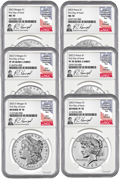2023 Morgan and Peace Silver Dollar 6-Coin Set FDI NGC MS70/PF70/RP70 Harrigal Signed