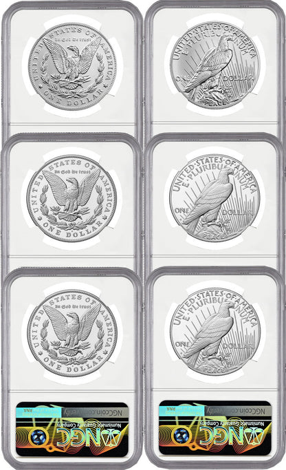 2023 Morgan and Peace Silver Dollar 6-Coin Set FDI NGC MS70/PF70/RP70 Harrigal Signed