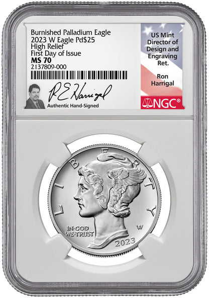 2023-W Palladium Burnished Eagle High Relief FDI NGC MS70 Ron Harrigal Signed
