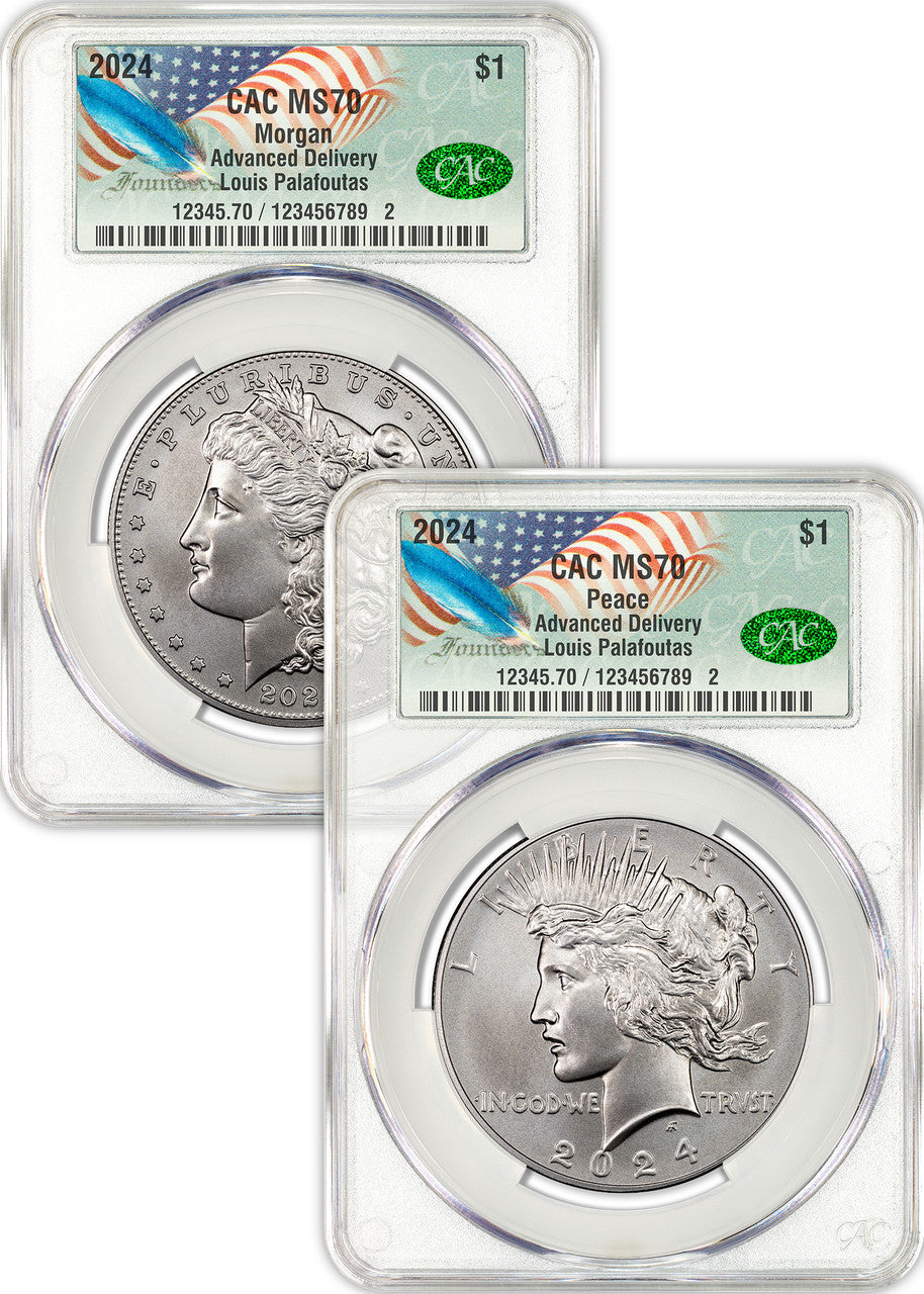 2024 Morgan and Peace Silver Dollar 2pc Set AD CAC MS70 Founders Label