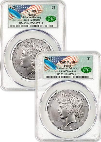 2024 Morgan and Peace Silver Dollar 2pc Set AD CAC MS70 Founders Label