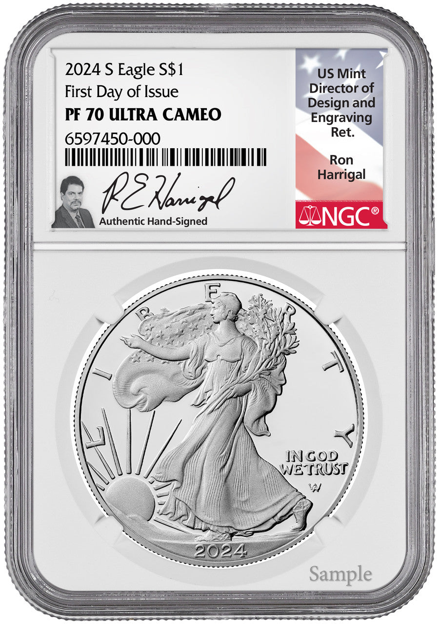 2024-S Proof Silver Eagle First Day of Issue NGC PF70 Harrigal Signed
