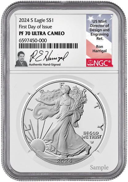 2024-S Proof Silver Eagle First Day of Issue NGC PF70 Harrigal Signed