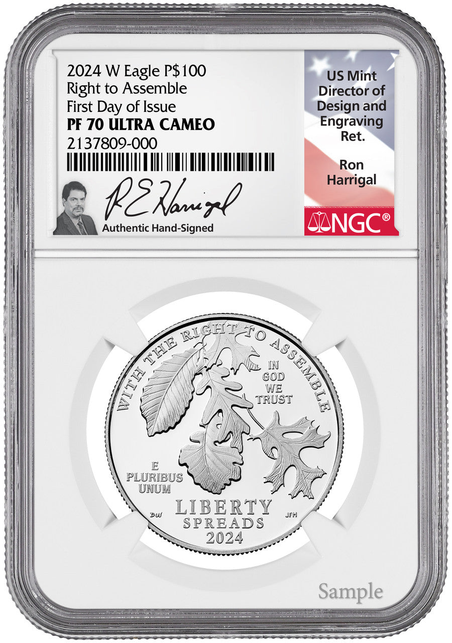 2024-W $100 One-Ounce Platinum Eagle Right to Assemble FDI NGC PF70 Ron Harrigal Signed