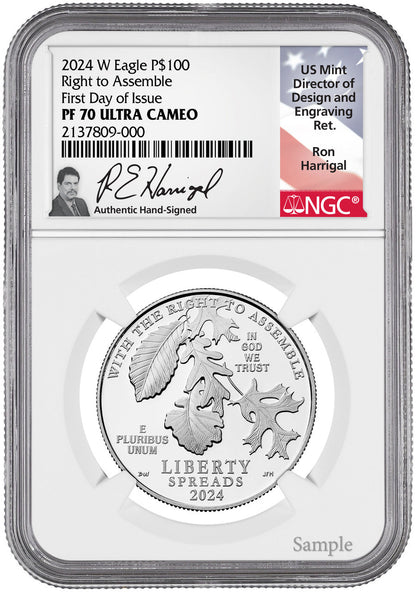 2024-W $100 One-Ounce Platinum Eagle Right to Assemble FDI NGC PF70 Ron Harrigal Signed