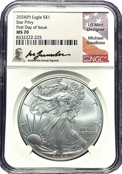 2024(P) Silver Eagle Star Privy FDI NGC MS70 Gaudioso