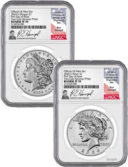 2024-S Morgan Peace Silver Dollar 2pc Reverse Proof Set FDI NGC PF70 Harrigal