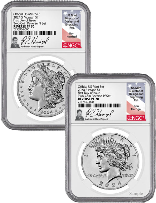 2024-S Morgan Peace Silver Dollar 2pc Reverse Proof Set FDI NGC PF70 Harrigal