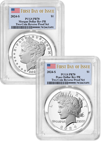 2024-S Morgan and Peace Silver Dollar 2pc Reverse Proof Set FDI Flag PCGS PR70