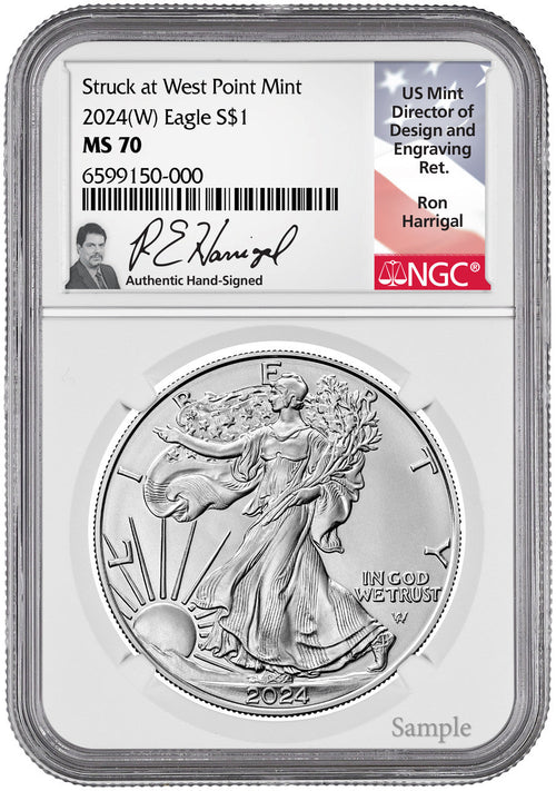 2024(W) American Silver Eagle First Day of Issue NGC MS70 Ron Harrigal Signed