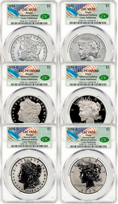 2025 Morgan Peace Silver Dollar 6-Coin Set Founders AD CAC MS70/PF70/RP70