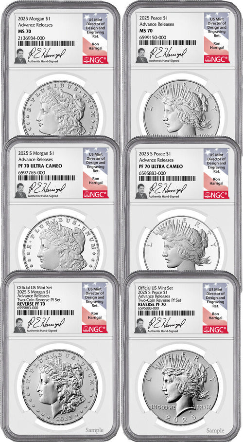 2025 Morgan and Peace Silver Dollar 6-Coin Set AR NGC MS70/PF70/RP70 Harrigal