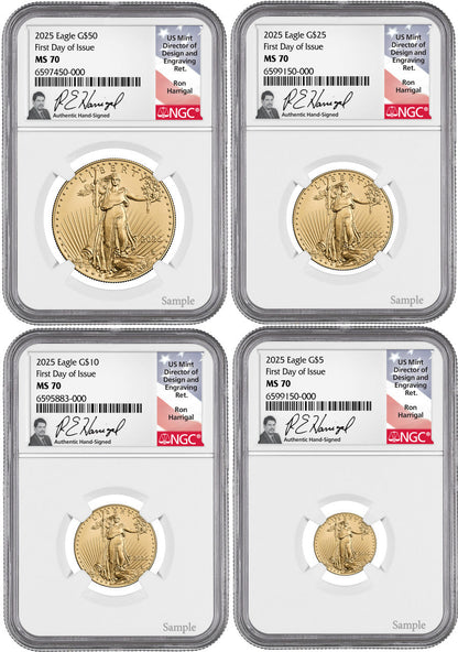 2025 Gold Eagle 4-Coin Set First Day of Issue NGC MS70 Ron Harrigal Signed