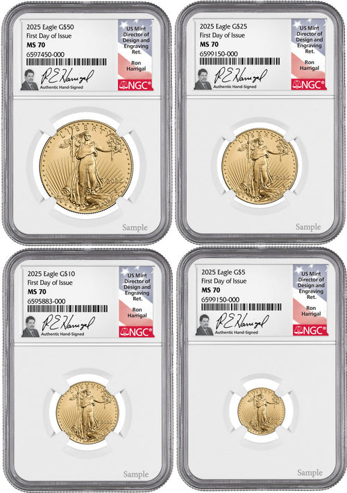 2025 Gold Eagle 4-Coin Set First Day of Issue NGC MS70 Ron Harrigal Signed