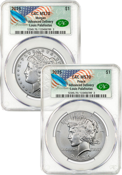 2025 Morgan and Peace Silver Dollar 2pc Set AD CAC MS70 Founders Label