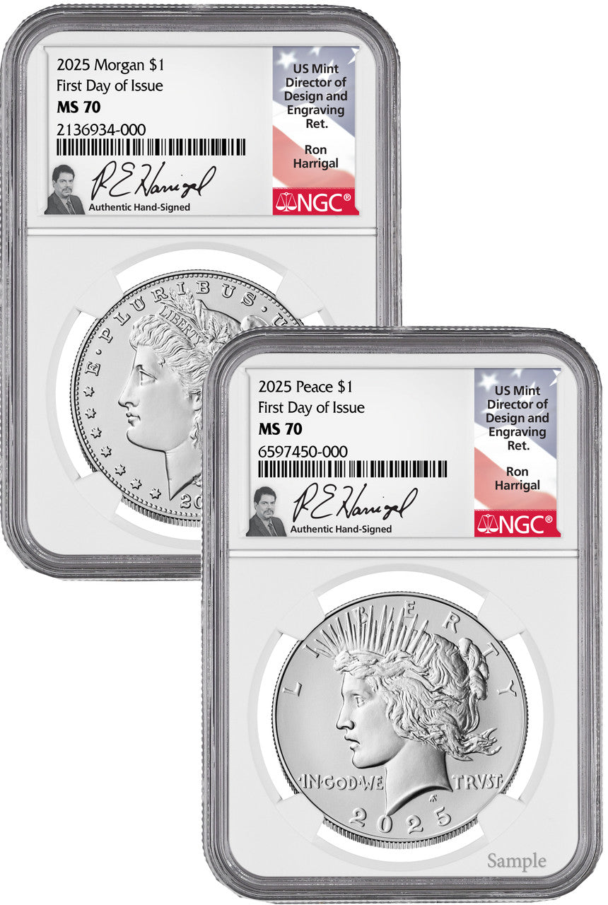 2025 Morgan and Peace Silver Dollar 2pc Set FDI NGC MS70 Harrigal
