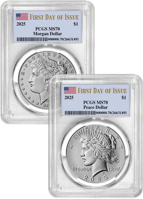 2025 Morgan and Peace Silver Dollar 2pc Set FDI PCGS MS70 Flag Label