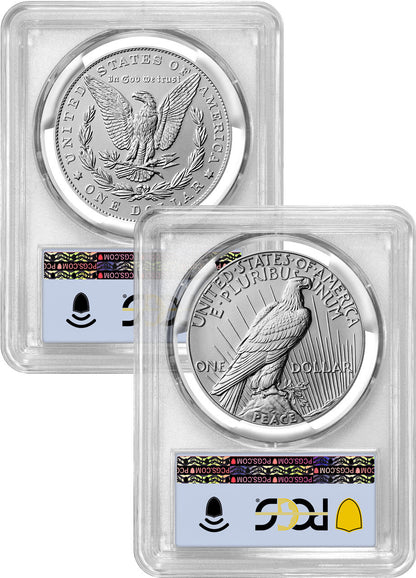 2025 Morgan and Peace Silver Dollar 2pc Set FDI PCGS MS70 Flag Label