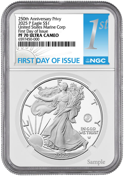 2025-P Silver Eagle 250th Anniversary U.S. Marine Privy FDI NGC PF70 1st Label