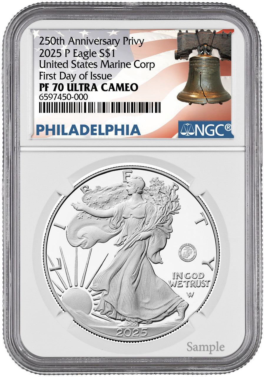 2025-P Silver Eagle 250th Anniv U.S. Marine Privy FDI NGC PF70