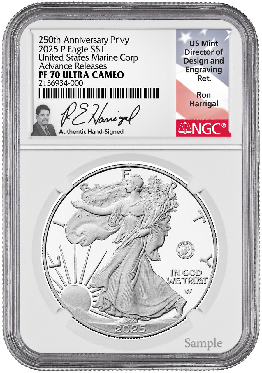 2025-P Silver Eagle 250th Anniversary U.S. Marine Privy AR NGC PF70 Harrigal