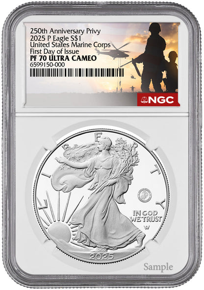 2025-P Silver Eagle 250th Anniversary U.S. Marine Privy FDI NGC PF70 Marine Label