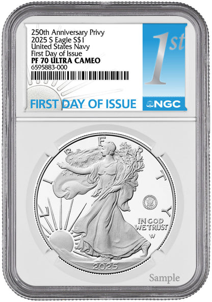 2025-S Silver Eagle 250th Anniversary U.S. Navy Privy FDI NGC PF70