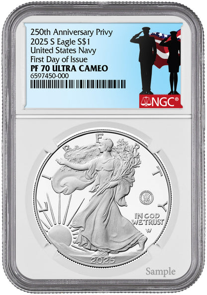2025-S Silver Eagle 250th Anniversary U.S. Navy Privy FDI NGC PF70 Salute Label