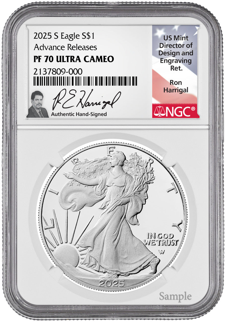 2025-S Silver Eagle Advanced Releases NGC PF70UCAM Harrigal Signed